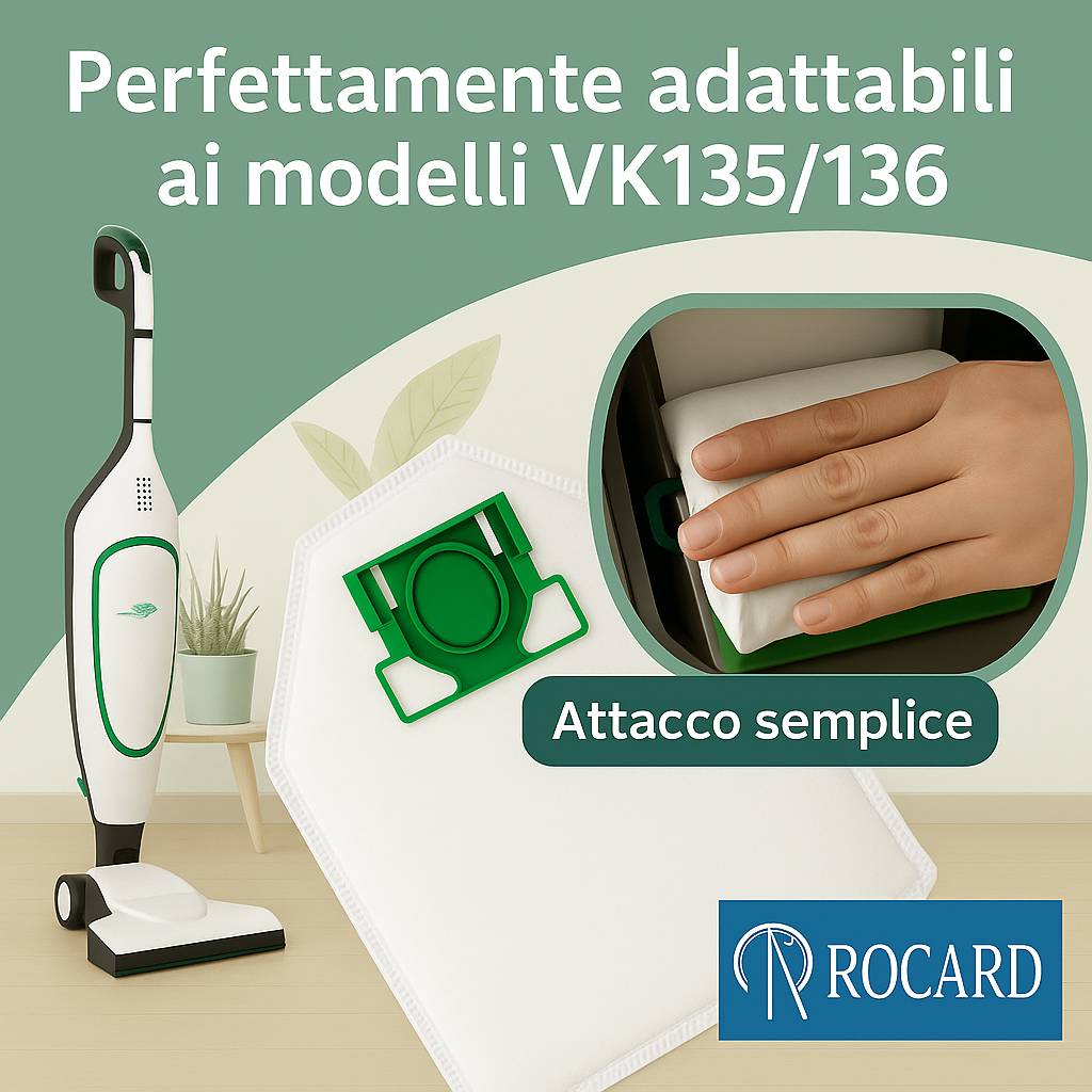 Sacchetti Compatibili per Folletto VK135/136, 6 Pezzi, 5 Strati in Microfibra, Alta Filtrazione, Trattiene le Micropolveri