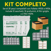 Kit Completo per Folletto VK135 VK136, 30 Pezzi con 12 Sacchetti, 12 Profumini, 4 Filtri Griglia, 2 HEPA, Verde e Bianco, Ricambi Compatibili in Microfibra