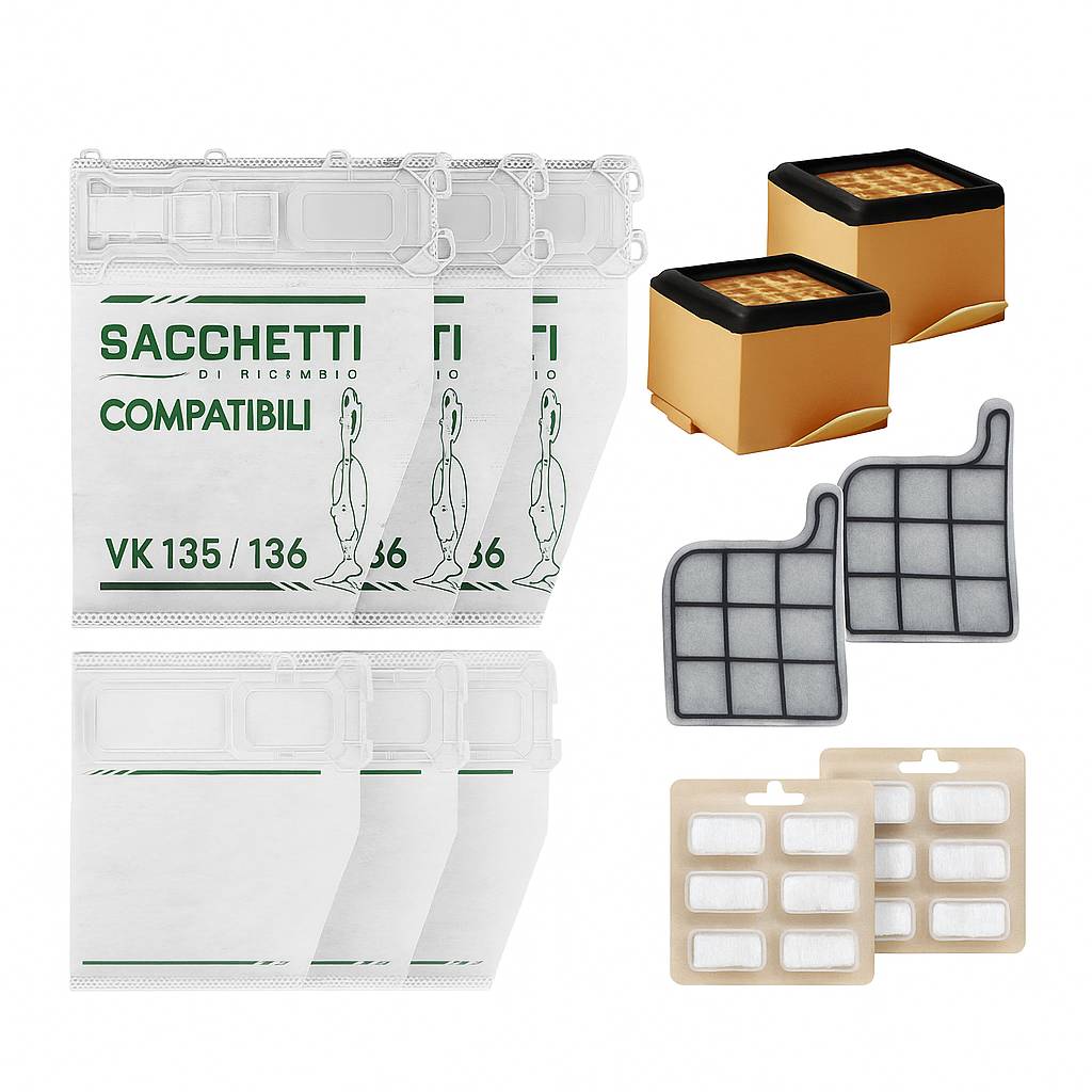 Kit Completo per Folletto VK135 VK136, 30 Pezzi con 12 Sacchetti, 12 Profumini, 4 Filtri Griglia, 2 HEPA, Verde e Bianco, Ricambi Compatibili in Microfibra