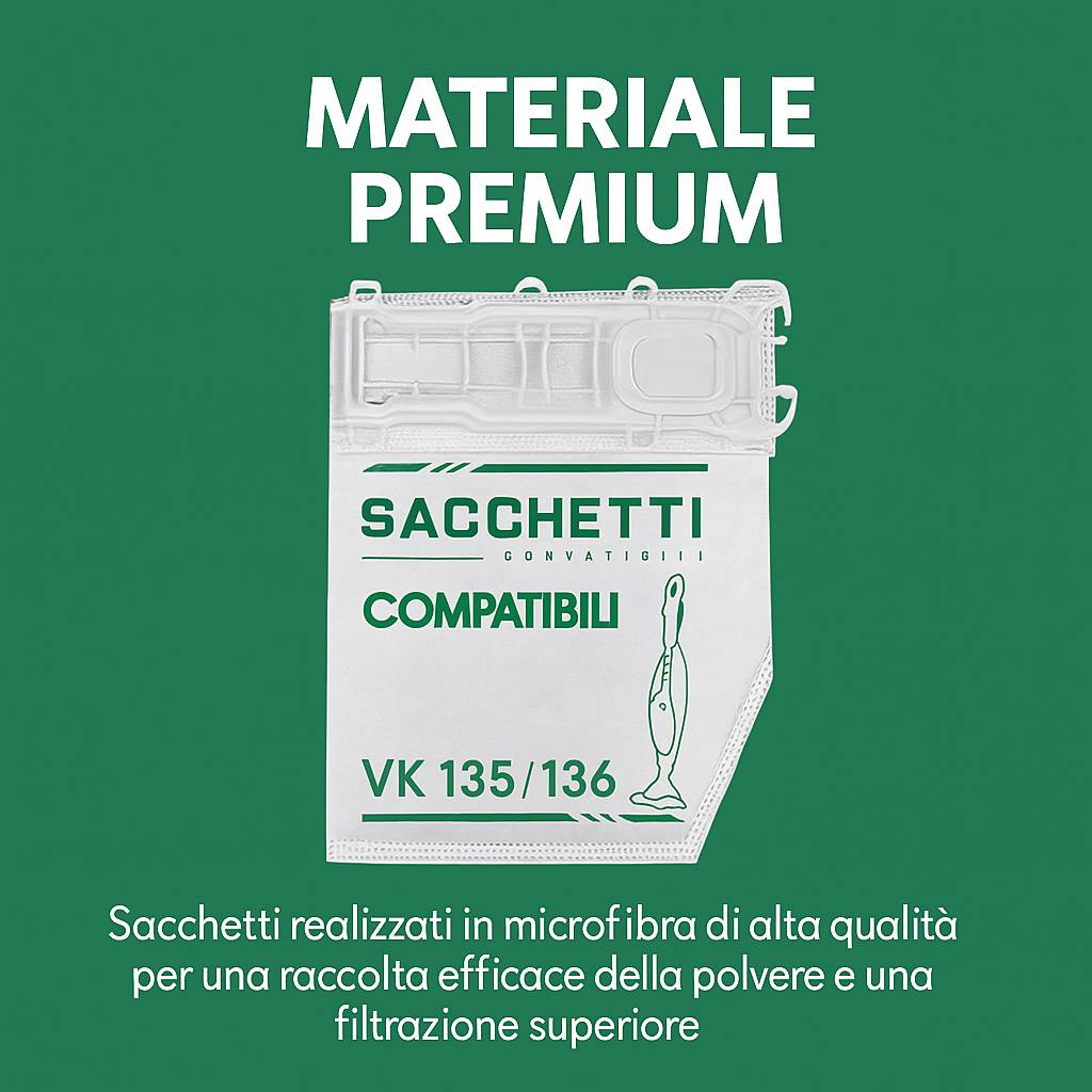 Kit Completo per Folletto VK135 VK136, 30 Pezzi con 12 Sacchetti, 12 Profumini, 4 Filtri Griglia, 2 HEPA, Verde e Bianco, Ricambi Compatibili in Microfibra
