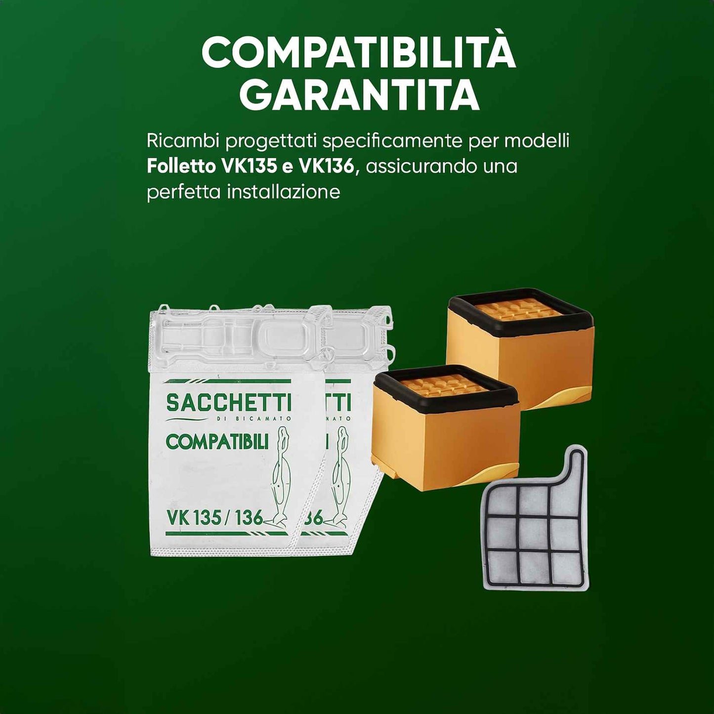 Kit Completo per Folletto VK135 VK136, 30 Pezzi con 12 Sacchetti, 12 Profumini, 4 Filtri Griglia, 2 HEPA, Verde e Bianco, Ricambi Compatibili in Microfibra