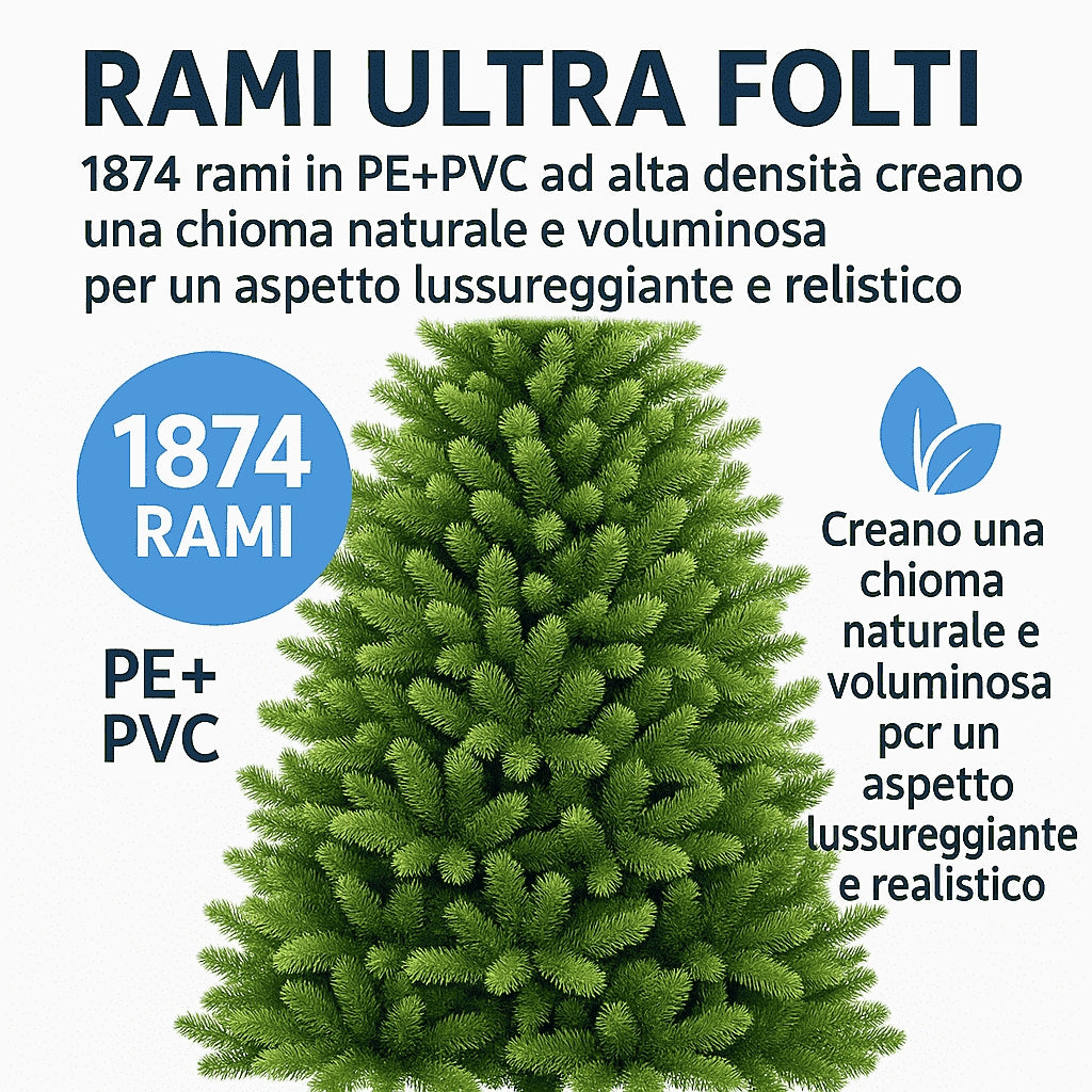 Albero di Natale 210 cm Modello: Gaetano con Luci LED – 1874 Rami Ultra Realistici, Montaggio ad Ombrello, Ø137 cm – Alta Qualità & Magia Natalizia