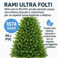 Albero di Natale 210 cm Modello: Gaetano con Luci LED – 1874 Rami Ultra Realistici, Montaggio ad Ombrello, Ø137 cm – Alta Qualità & Magia Natalizia