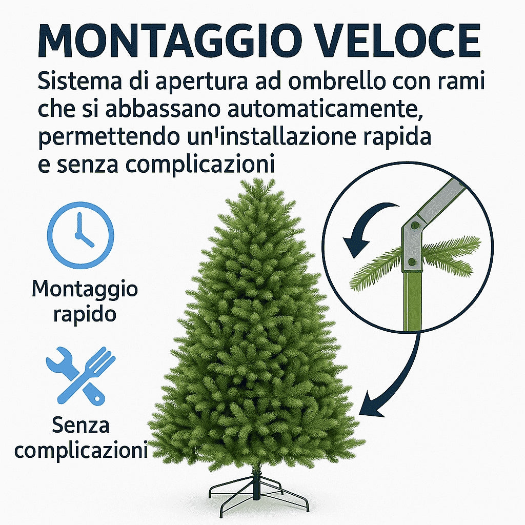 Albero di Natale 210 cm Modello: Gaetano con Luci LED – 1874 Rami Ultra Realistici, Montaggio ad Ombrello, Ø137 cm – Alta Qualità & Magia Natalizia