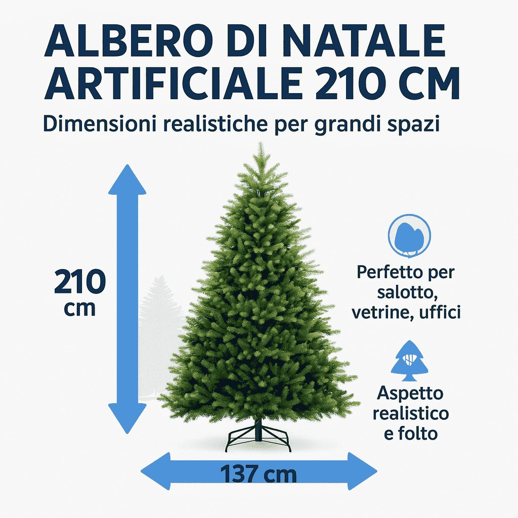 Albero di Natale 210 cm Modello: Gaetano con Luci LED – 1874 Rami Ultra Realistici, Montaggio ad Ombrello, Ø137 cm – Alta Qualità & Magia Natalizia