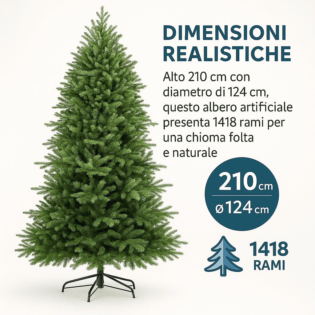 Albero di Natale “Winter Elegance” CM.210 PE+PVC – 1418 Rami per un Effetto Naturale, Diametro 124 cm