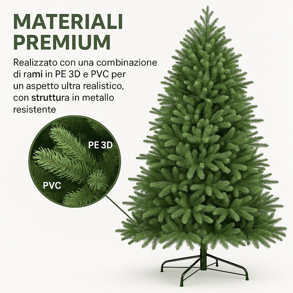 Albero di Natale “Winter Elegance” CM.210 PE+PVC – 1418 Rami per un Effetto Naturale, Diametro 124 cm
